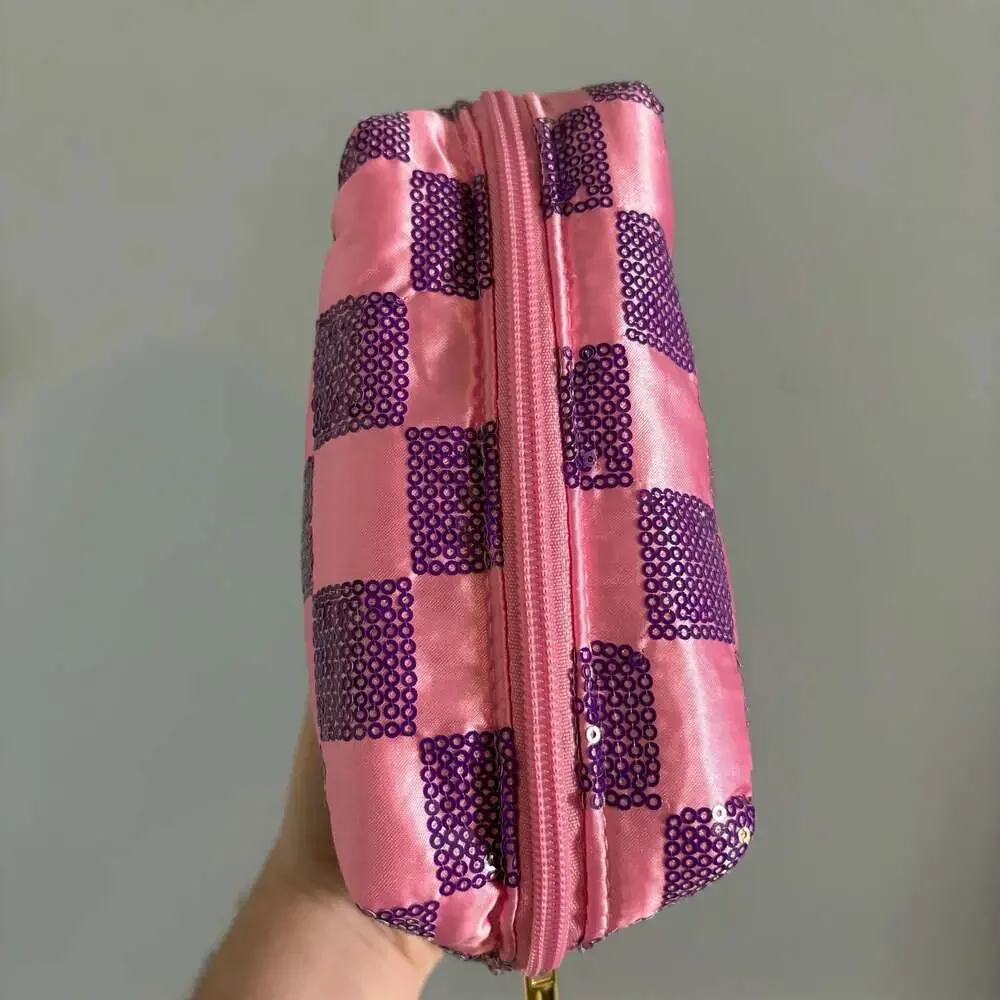 Pink and Purple Checkered Sequin Makeup Bag